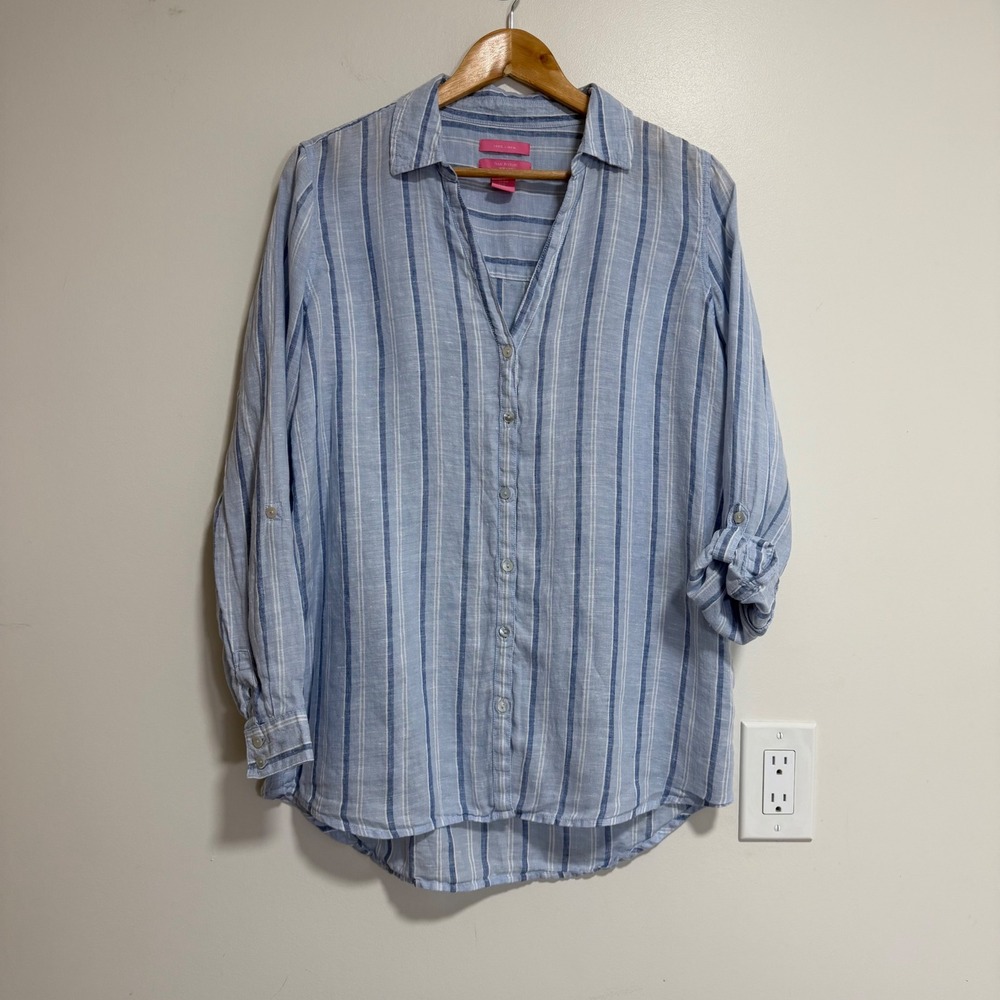 Isaac Mizrahi 100% Linen Striped Button Up Shirt Size Medium Blue Nautical Top
